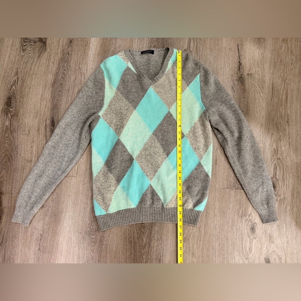 Canali Men's V-Neck Argyle Sweater in Gray and Aqua - Picture 2 of 10